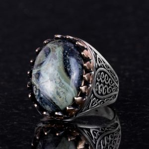 925K Katı Gümüş Erkek Yüzük, Doğal Taşlarla - El Yapımı Şıklık (Yeşil Göz Taşı) - Görsel 4