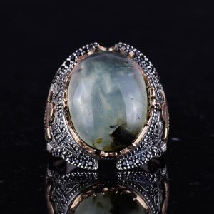 925 Ayar Katı Gümüş Erkek Yüzük, Cami Prehnit Taşlı Yüzük, El Yapımı Şıklık - Görsel 3