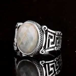 Vintage Akuamarin Taş Yüzük, 925 Ayar Gümüş Yüzük, Yunan Anahtarı Tasarımı, Şifa Kristali Takı - Görsel 5