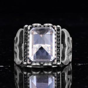 Sterling Gümüş Erkek Yüzük Doğal Kristal Taş Dikdörtgen Şekilli Erkek Yüzük - Görsel 4