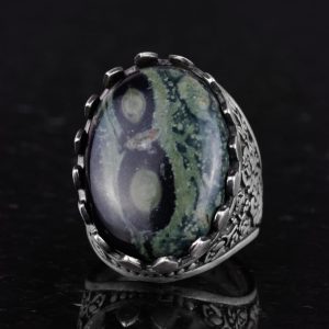 Gerçek Doğal Taş Yüzük - Gül Desenli Yüzük - 925 Ayar Gümüş Yüzük - El Yapımı Büyük Yüzük (Yeşil Göz) - Görsel 5