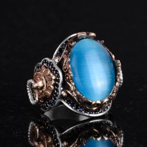 925 Ayar Gümüş Erkek Yüzük - Açık Mavi Kedi Göz Taşı - Aslan Sembolü El Yapımı Yüzük - Görsel 5