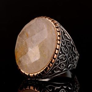 Gerçek Doğal Rutil Kuvars Taşı Erkek Yüzük, 925 Ayar Gümüş Yüzük, Altın Rutil Yüzük - Görsel 5