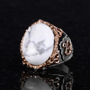 Denizci Çapa Gümüş Yüzük, Doğal Taş Yüzük, 925 Ayar Sterlin Gümüş Yüzük (Howlite) - Görsel 5