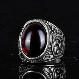 925 Ayar Katı Gümüş Erkek Yüzük, Gerçek Doğal Cabochon Garnet Taş Yüzük, Tasarım Gümüş Erkek Yüzük - Görsel 4