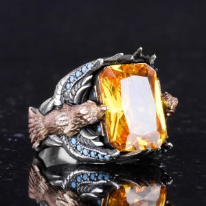 Erkekler için Yılan Yüzük, Doğal Olmayan Sitrin Taşı ile, El Yapımı 925 Ayar Gümüş İfadeli Yüzük - Görsel 5