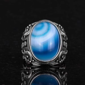 Doğal Mavi Ateş Kehribar Taşlı Yüzük, 925 Ayar Gümüş Yüzük Erkekler İçin, Tasarım Gümüş Erkek Yüzüğü - Görsel 4