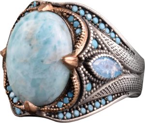 Gerçek Larimar Taşlı Yüzük, 925 Ayar Gümüş Yüzük, Larimar Erkek Yüzüğü, Mavi - Görsel 1