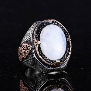 Doğal Ay Taşı Taş Yüzük - Gizemli 925 Ayar Sert Gümüş Erkek Yüzüğü, Ay Işığı Tasarımı - Görsel 5