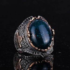 925 Ayar Katı Gümüş Yüzük, Camii Yeşil Kan Taşı Yüzük - Görsel 5