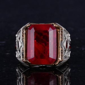 925 Ayar Gümüş El Yapımı Erkek Yüzük - Yapay Taş Yüzük - Erkek Yüzük (Yapay Kırmızı Paraiba) - Görsel 4