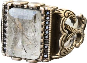 Gerçek Rutilat Kuvars Dikdörtgen Taş Yüzük, Gümüş Erkek Yüzüğü - Görsel 1