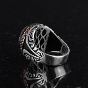 925 Ayar Gümüş Yüzük - Yapay Taşlı Gümüş Yüzük - El Yapımı Yüzük (Yapay Koyu Yeşil Kedigözü) - Görsel 7