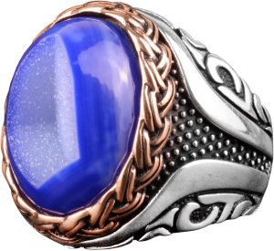 Gerçek Doğal Druzy Kristal Kuvars Taş Yüzük, Doğum Taşı Yüzüğü, 925 Ayar Gümüş Yüzük (Mavi) - Görsel 1