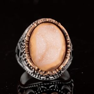 Vintage Erkek 925 Ayar Gümüş Yüzük Druzy Kuvars: Yeşil, Kırmızı, Lacivert, Bej, Siyah (Bej) - Görsel 2