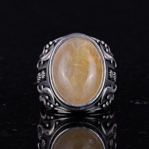 Doğal Cabochon Altın Rutilatlı Kuvars Taşlı Yüzük, Tasarım Gümüş Erkek Yüzüğü, 925 Ayar Sert Gümüş Erkek Yüzüğü - Görsel 4