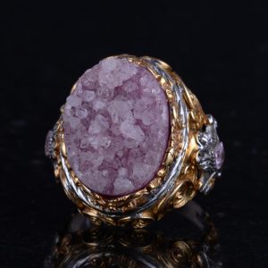 Gerçek Doğal Taş Yüzük - Erkekler için Sultan Yüzüğü - Altın Kaplama 925 Ayar Gümüş Yüzük - El Yapımı Yüzük (Drusy Kuvars) - Görsel 6