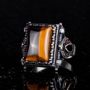 Gerçek Doğal Taş Yüzük - 925 Ayar Katı Gümüş Erkek Yüzüğü ile Kaplan Gözü - Modern Tasarım - Görsel 4