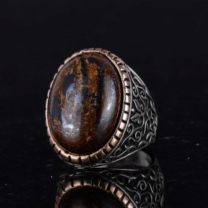 El Yapımı Gerçek Doğal Bronzit Taş Yüzük, 925K Katı Gümüş Erkek Yüzüğü, Tasarım Gümüş Erkek Yüzüğü - Görsel 4