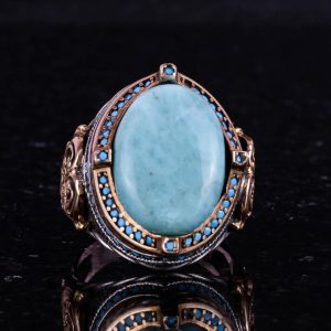 925 Ayar Gümüş Yüzük, Doğal Larimar Taşı ile El Yapımı Vintage Erkek Beyan Yüzüğü - Görsel 4