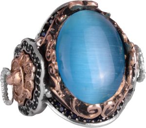 925 Ayar Gümüş Erkek Yüzük - Açık Mavi Kedi Göz Taşı - Aslan Sembolü El Yapımı Yüzük - Görsel 1