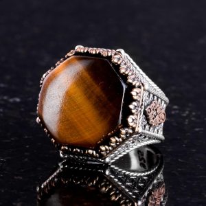 Gerçek Doğal Taş Yüzük - Sekizgen Tasarım - El Yapımı 925 Ayar Gümüş Takı (Kaplan Göz) - Görsel 6