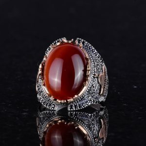 Doğal Kırmızı Akik Taş Yüzük, 925 Ayar Gümüş Yüzük Erkekler İçin - Görsel 5