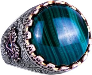 Gerçek Doğal Taş Yüzük - El Yapımı Kral Yüzüğü - 925 Ayar Gümüş Yüzük (Malakit)