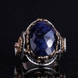 925 Ayar Gümüş Erkek Yüzük - Safir Taş - Aslan Sembolü El Yapımı Yüzük - Görsel 4