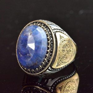 Gerçek Doğal Safir Erkek Yüzük, 925 Ayar Gümüş Yüzük, 15.90 Karat, Taşlı Erkek Yüzük, İslami Yüzük, Gümüş Erkek Takısı - Görsel 3