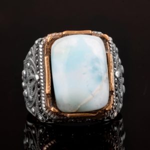 Sterling Gümüş Erkek Yüzük, Gerçek Doğal Larimar Taşı Yüzük - Görsel 6