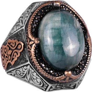 Zarif El Yapımı Cabochon Zümrüt Taşlı Yüzük, 925 Ayar Gümüş Yüzük - Görsel 1