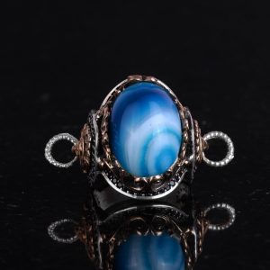 Doğal Mavi Akik Taşı Yüzük, 925 Ayar Gümüş Yüzük, Aslan Başlı Yüzük - Görsel 3