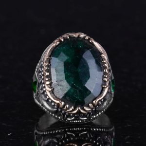 925 Ayar Gümüş Erkek Yüzük, Gerçek Doğal Zümrüt Taşlı Yüzük Erkekler İçin - Görsel 3