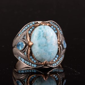Gerçek Larimar Taşlı Yüzük, 925 Ayar Gümüş Yüzük, Larimar Erkek Yüzüğü, Mavi - Görsel 5