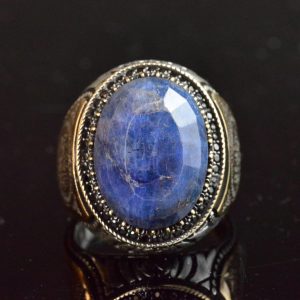Gerçek Doğal Safir Erkek Yüzük, 925 Ayar Gümüş Yüzük, 15.90 Karat, Taşlı Erkek Yüzük, İslami Yüzük, Gümüş Erkek Takısı - Görsel 2