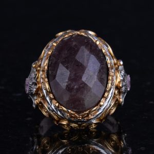 Gerçek Doğal Taş Yüzük - Erkekler için Sultan Yüzüğü - Altın Kaplama 925 Ayar Gümüş Yüzük - El Yapımı Yüzük (Kırmızı safir) - Görsel 4