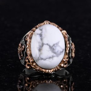 Denizci Çapa Gümüş Yüzük, Doğal Taş Yüzük, 925 Ayar Sterlin Gümüş Yüzük (Howlite) - Görsel 6