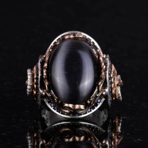 925 Ayar Gümüş Erkek Yüzük - Siyah Kedi Gözü Yapay Taş - Aslan Sembolü El Yapımı Yüzük - Görsel 4