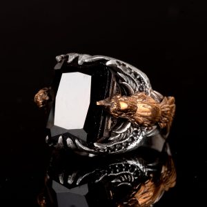 Doğal Obsidiyen Taş Yüzük, 925 Ayar Gümüş Yüzük, Kuş Yüzüğü - Görsel 4