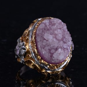 Gerçek Doğal Taş Yüzük - Erkekler için Sultan Yüzüğü - Altın Kaplama 925 Ayar Gümüş Yüzük - El Yapımı Yüzük (Drusy Kuvars) - Görsel 5