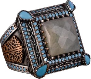 Akvamarin Taşlı Gümüş Yüzük, 925 Ayar Gümüş Erkek Yüzük, Gerçek Akvamarin Taşlı Yüzük