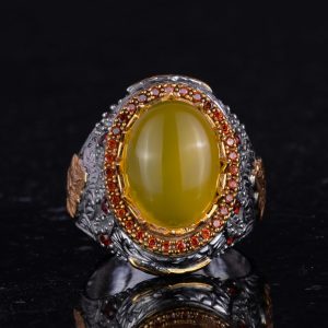 Gerçek Doğal Taş Yüzük - Sultan Yüzük - 925 Ayar Gümüş Yüzük Erkekler İçin (Sarı akik) - Görsel 4