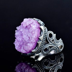 Gerçek Drusy Kuvars Taş Yüzük, 925 Ayar Gümüş Erkek Yüzük, El Yapımı Cesur Takı - Görsel 5