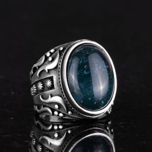 Doğal Yeşil Kan Taşı Yüzük, 925 Ayar Gümüş Yüzük, Tasarım Gümüş Erkek Yüzüğü - Görsel 6