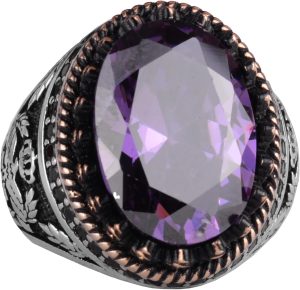 925 Ayar Gümüş Yüzük, Yapay Taş Yüzük, Kartal Sembolü Yüzük, El Yapımı Yüzük (Yapay Ametist)