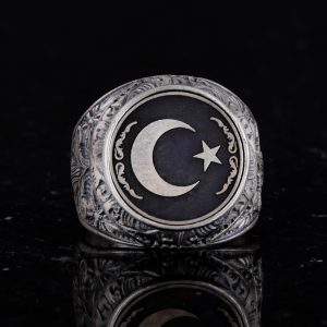 Yıldız ve Ay Yüzüğü - Erkekler için 925 Ayar Gümüş Bayrak Yüzüğü - Görsel 4