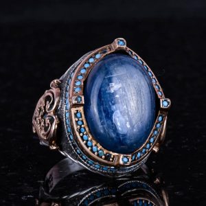925 Ayar Gümüş Yüzük, Doğal Kyanit Taşı ile El Yapımı Erkek Yüzük, Vintage Tasarım - Görsel 5