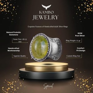 Doğal Taş Yüzük, 925 Ayar Gümüş Yüzük, Prehnit - Görsel 5
