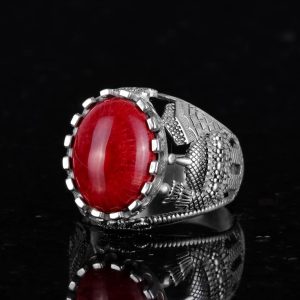 925 Ayar Gümüş Yüzük, Kırmızı Mercan Taşlı Yüzük, İslami Camii Gümüş Yüzük - Görsel 4